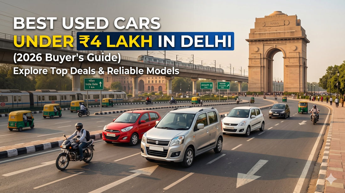 Best used cars under ₹4 lakh in Delhi 2026 — used Hyundai i10, Maruti WagonR and Swift on a Delhi road near India Gate