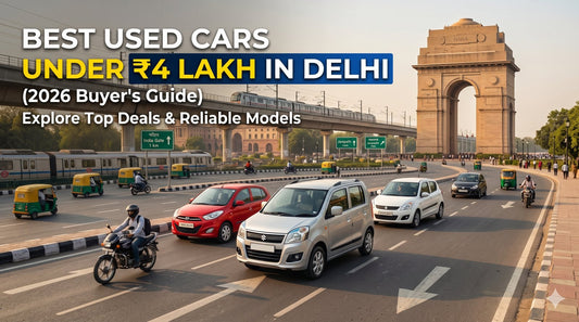 Best used cars under ₹4 lakh in Delhi 2026 — used Hyundai i10, Maruti WagonR and Swift on a Delhi road near India Gate